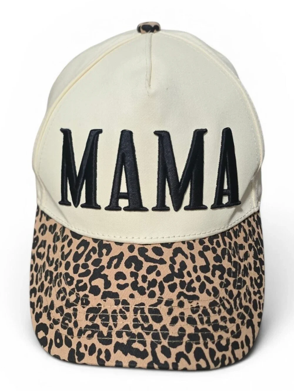 MAMA Leopard Brim Baseball Cap Cream Black Embroidered Hat NWOT